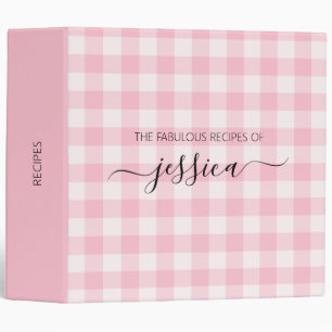 Chic blush pink gingham script name recipe binder
