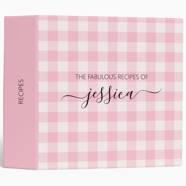 Chic blush pink gingham script name recipe binder (Front/Spine)