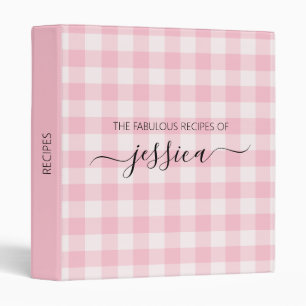 Chic blush pink gingham script name recipe binder