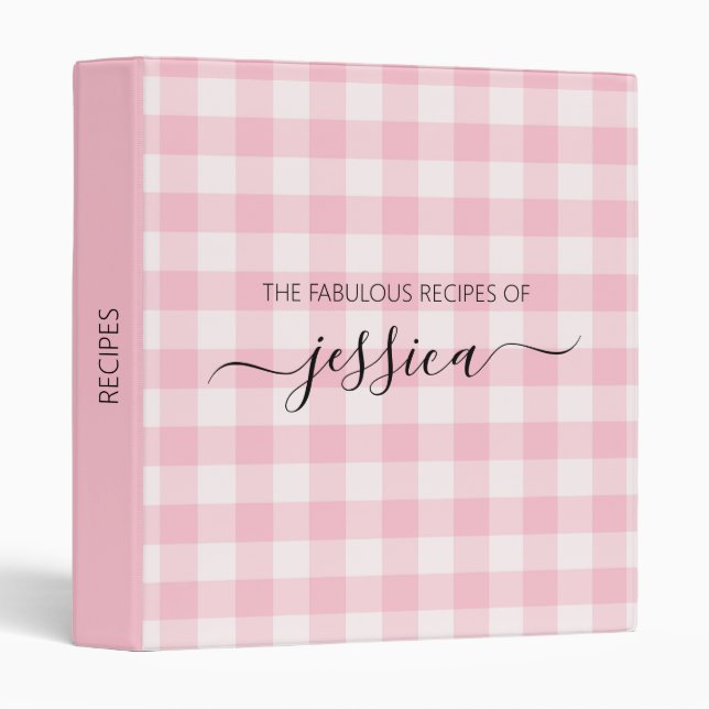 Chic blush pink gingham script name recipe binder (Front/Spine)