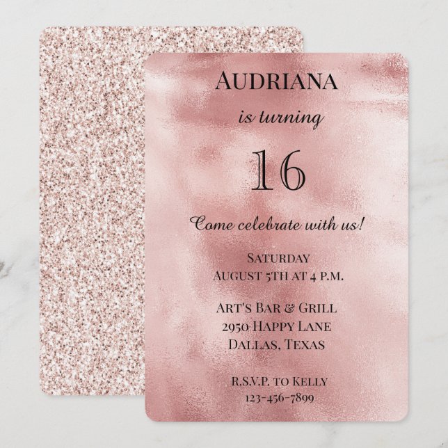 Chic Blush Pink Glam Glitter Birthday Invitation (Front/Back)