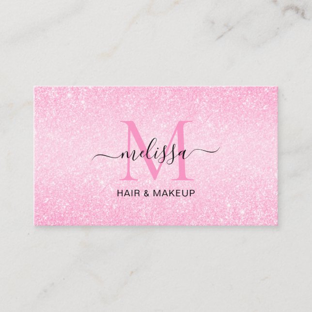 Chic Blush Pink Glitter Monogram Business Card (Front)