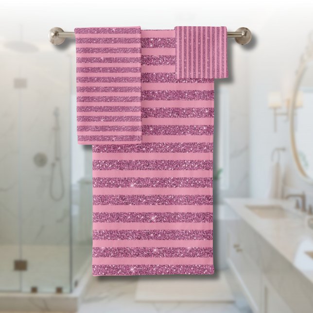 Chic Blush Pink Glitter Style Vertical Stripes Bath Towel Set (Creator Uploaded)