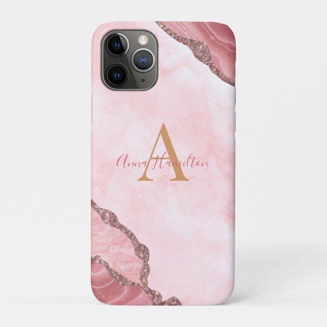 Chic Blush Pink Gold Agate Geode Monogram Case-Mate iPhone Case (Back)