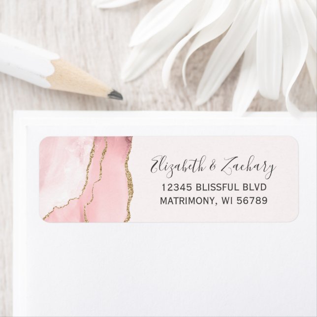 Chic Blush Pink Gold Agate Mariage Adresse de reto (En situation)
