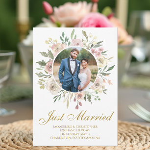 Chic Blush Pink Gold Floral Newlywed Photo Wedding Announcement