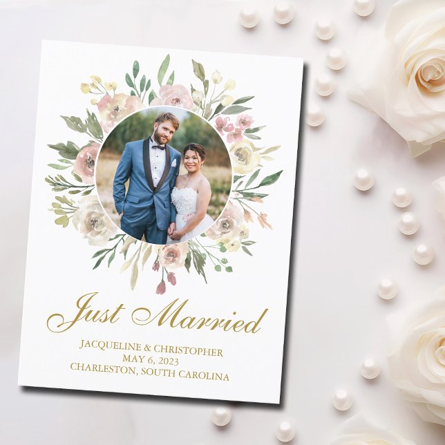 Chic Blush Pink Gold Floral Wedding Newlywed Photo Postcard (Creator Uploaded)