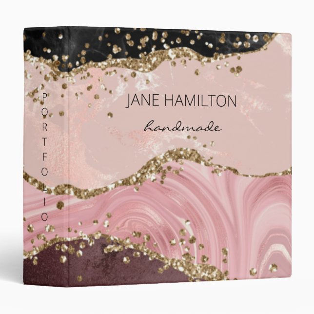 Chic Blush Pink Gold Glitter Agate  Binder (Front/Spine)