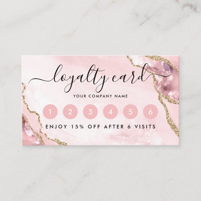 Chic Blush Pink Gold Glitter Agate Marble Monogram Loyalty Card (Front)