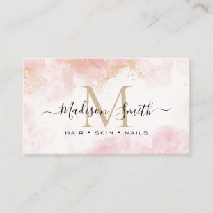 Chic Blush Pink Gold Glitter Marble Agate Monogram Business Card