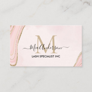 Chic Blush Pink Gold Glitter Marble Agate Monogram Business Card