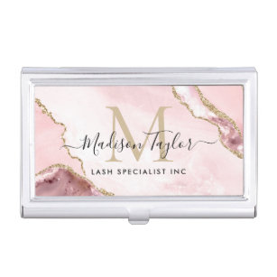 Chic Blush Pink Gold Glitter Marble Agate Monogram Business Card Holder
