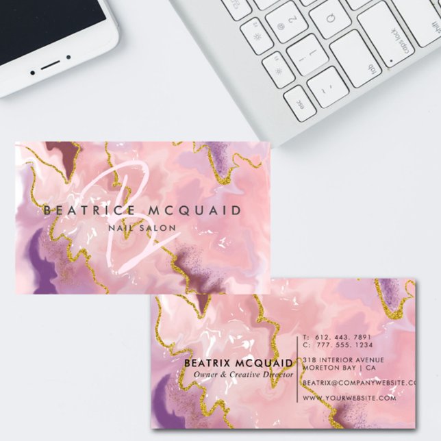 Chic Blush Pink Gold Glitter Marble Monogram Business Card (Creator Uploaded)