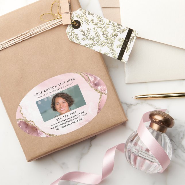 Chic Blush Pink Gold Glitter Marble Photo Business Oval Sticker (Gifting)