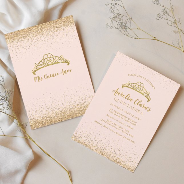 Chic Blush Pink Gold Glitter Tiara Quinceanera Invitation (Creator Uploaded)