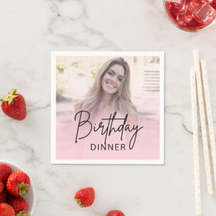 Chic Blush Pink Gradient Photo Birthday Dinner Napkin