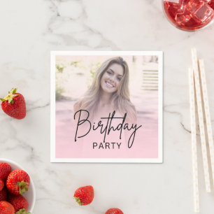 Chic Blush Pink Gradient Photo Birthday Napkin