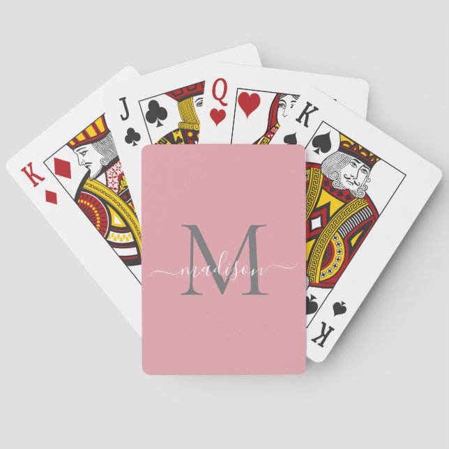 Chic Blush Pink Grey Monogram Girly Modern Script Playing Cards (Back)