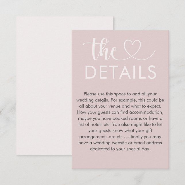 Chic Blush Pink Heart Wedding Details  Enclosure Card (Front/Back)
