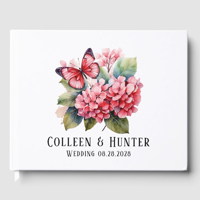Chic Blush Pink Hydrangea Butterfly Wedding Guest Book (Front)