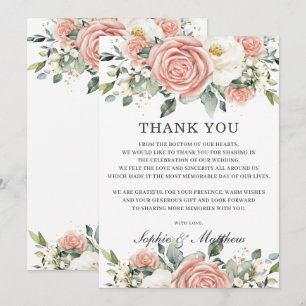 Chic Blush Pink Ivory Floral Wedding Bridal Thank You Card