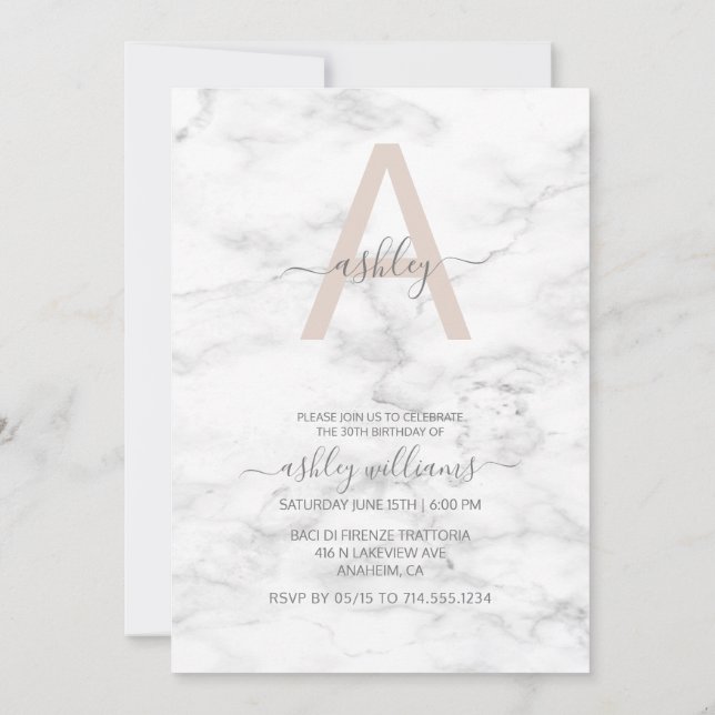 Chic Blush Pink Marble Monogram 30th Birthday Invitation (Back)