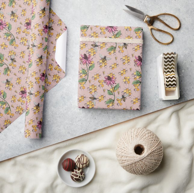 Chic Blush Pink Queen Bee, Honeycomb & Flowers  Wrapping Paper (Crafts)
