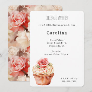 Chic Blush Pink Rose Cupcake Birthday Invitation