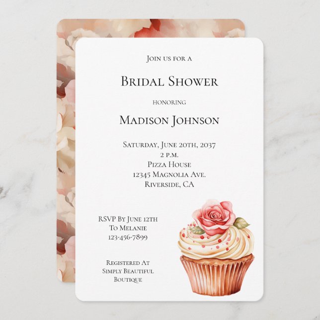 Chic Blush Pink Rose Cupcake Bridal Shower Invitation (Front/Back)