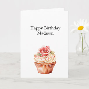 Chic Blush Pink Rose Floral Cupcake Birthday Card