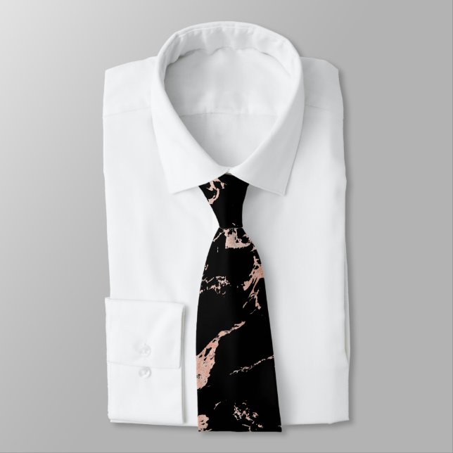 Chic Blush Pink Rose Gold Foil Black Marble Tie (Tied)