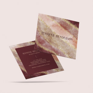 Chic Blush Pink Rose Gold Glitter Marble Script  Square Business Card