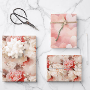 Chic Blush Pink Roses Floral Hearts Birthday Wrapping Paper Sheet