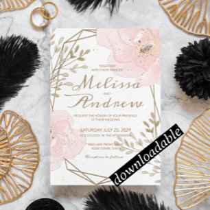 Chic Blush Pink & Taupe Romantic Floral Wedding Invitation