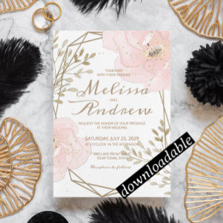 Chic Blush Pink & Taupe Romantic Floral Wedding Invitation
