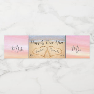 Chic Blush Pink Wedding 2 Heart Sand Monogram Wat Water Bottle Label
