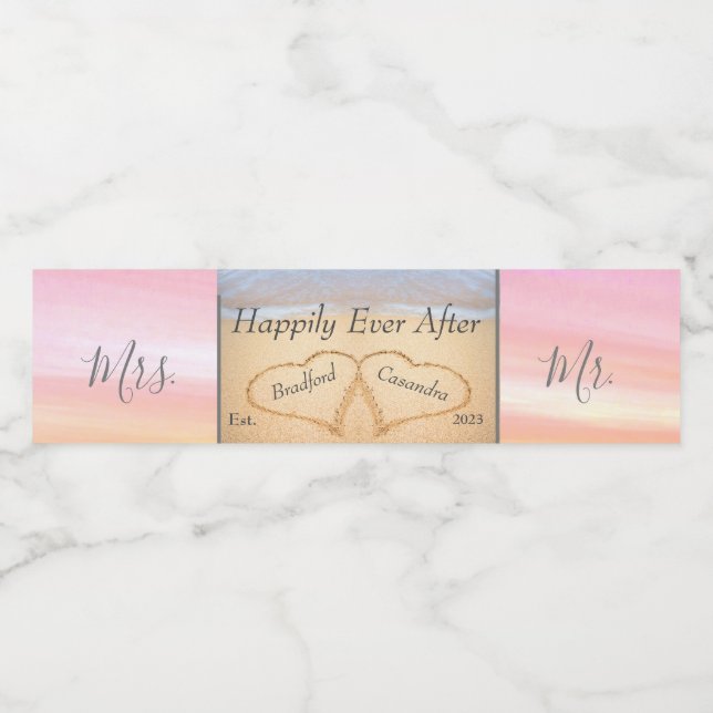 Chic Blush Pink Wedding 2 Heart Sand Monogram Wat Water Bottle Label (Single Label)