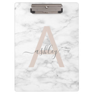 Chic Blush Pink White Marble Script Name Monogram Clipboard