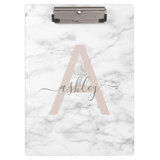 Chic Blush Pink White Marble Script Name Monogram Clipboard (Front)