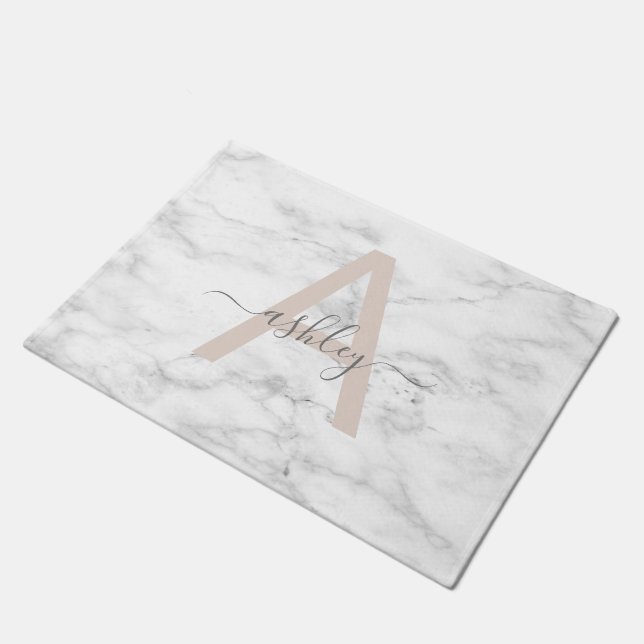 Chic Blush Pink White Marble Script Name Monogram Doormat (Angled)