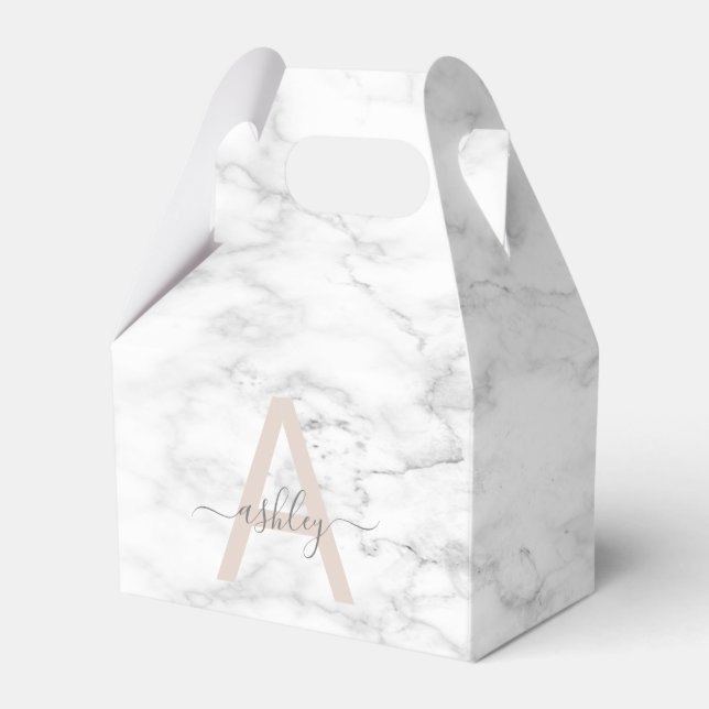 Chic Blush Pink White Marble Script Name Monogram Favor Box (Front Side)