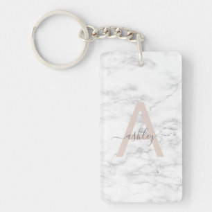 Chic Blush Pink White Marble Script Name Monogram Keychain