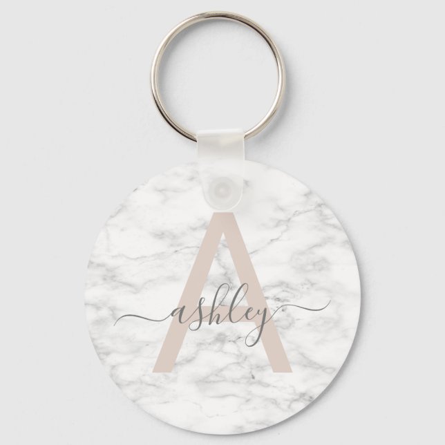 Chic Blush Pink White Marble Script Name Monogram Keychain (Front)