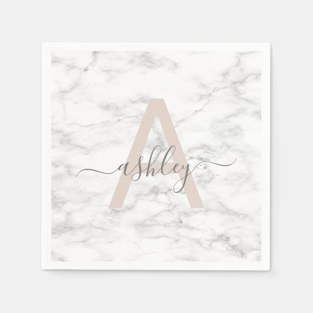 Chic Blush Pink White Marble Script Name Monogram Napkin (Front)