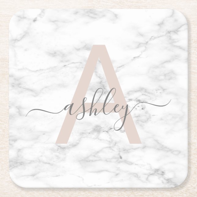 Chic Blush Pink White Marble Script Name Monogram Square Paper Coaster (Front)