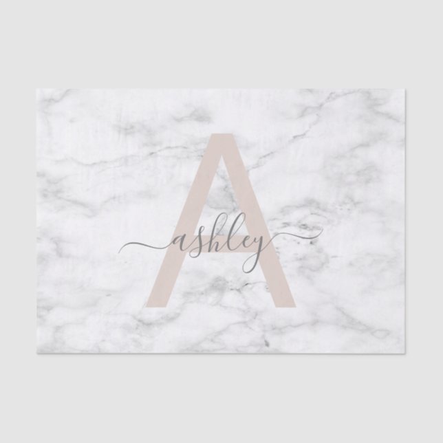 Chic Blush Pink White Marble Script Name Monogram Tissue Paper (Front)