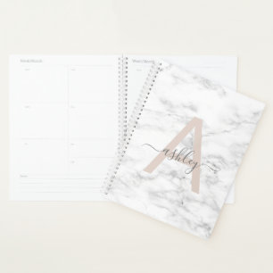 Chic Blush Pink White Marble Script Nom monogram