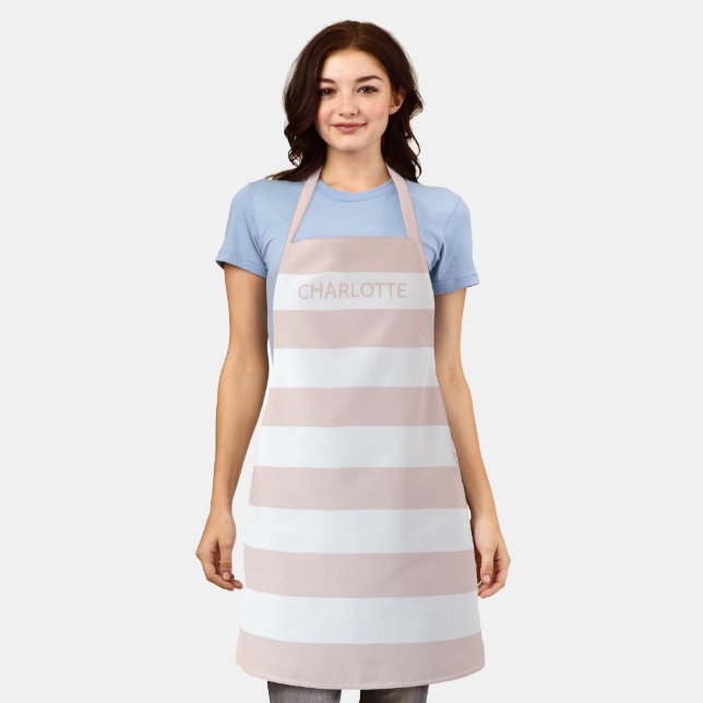 Chic blush pink white stripes custom name monogram apron (Worn)