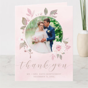 Chic Blush Rose Floral Wedding Photo Thank You Card