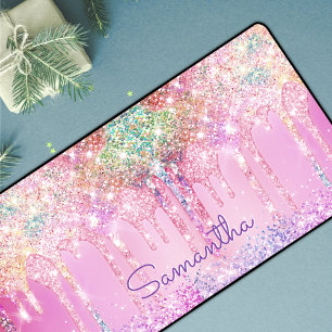 Chic blush rose unicorn dripping glitter monogram desk mat